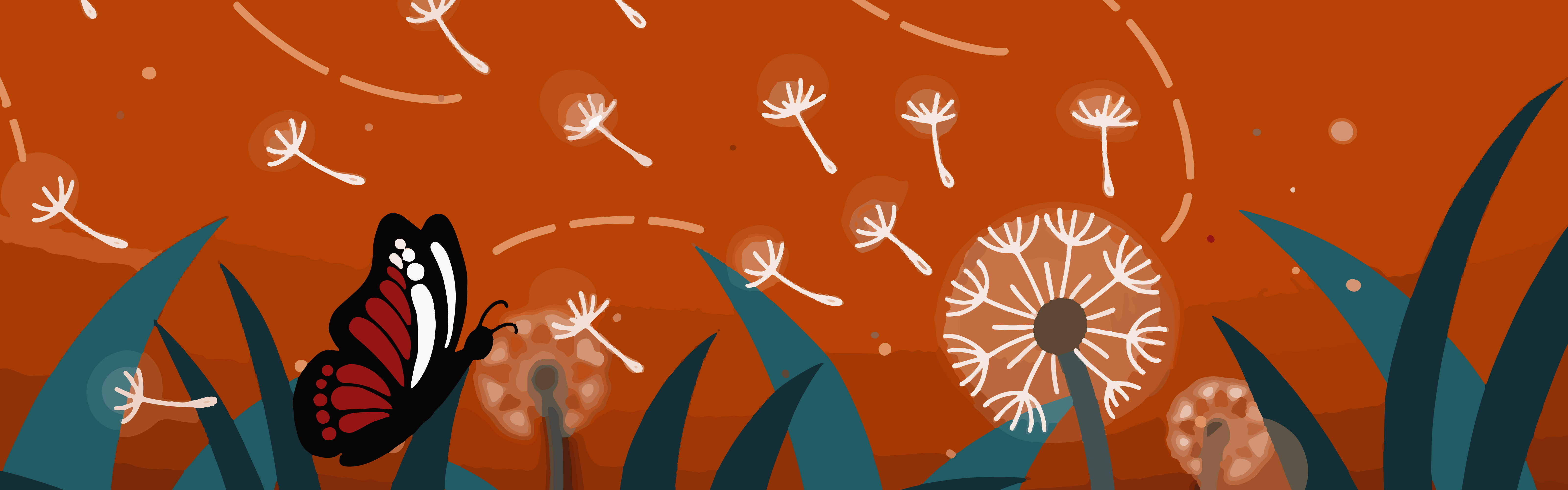 ControlHero Graphic of a dandelion and butterfly in grass with dandelion seeds blowing in the wind