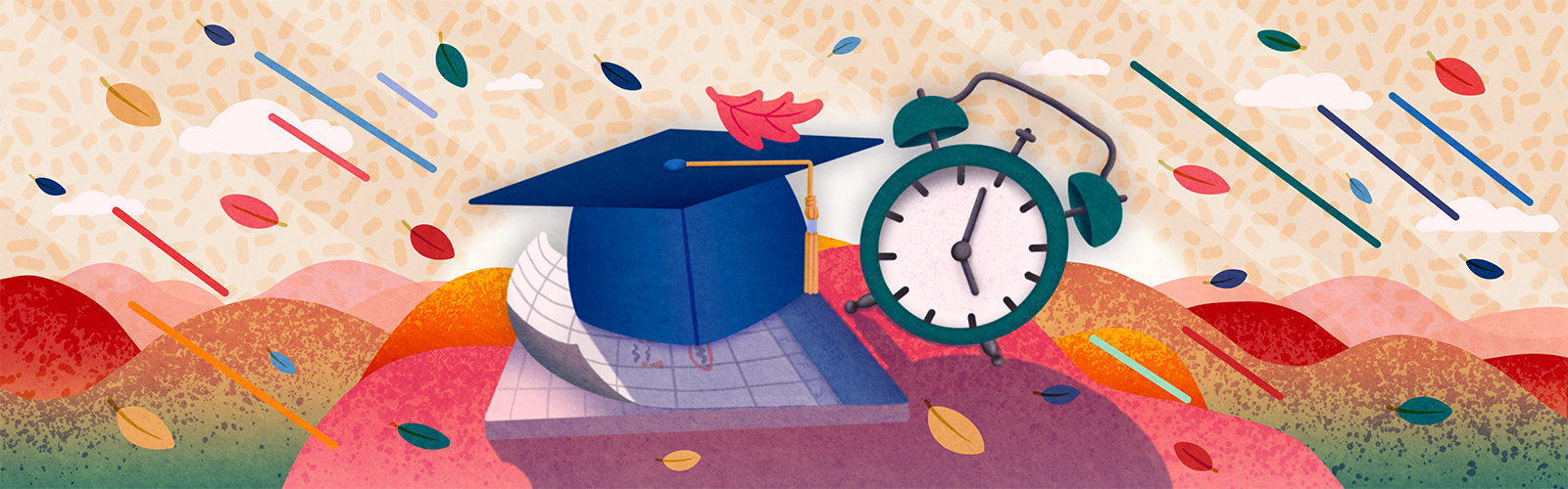LHBalanceHero Graphic of a graduation cap, clock, and calendar with leaves blowing in the background