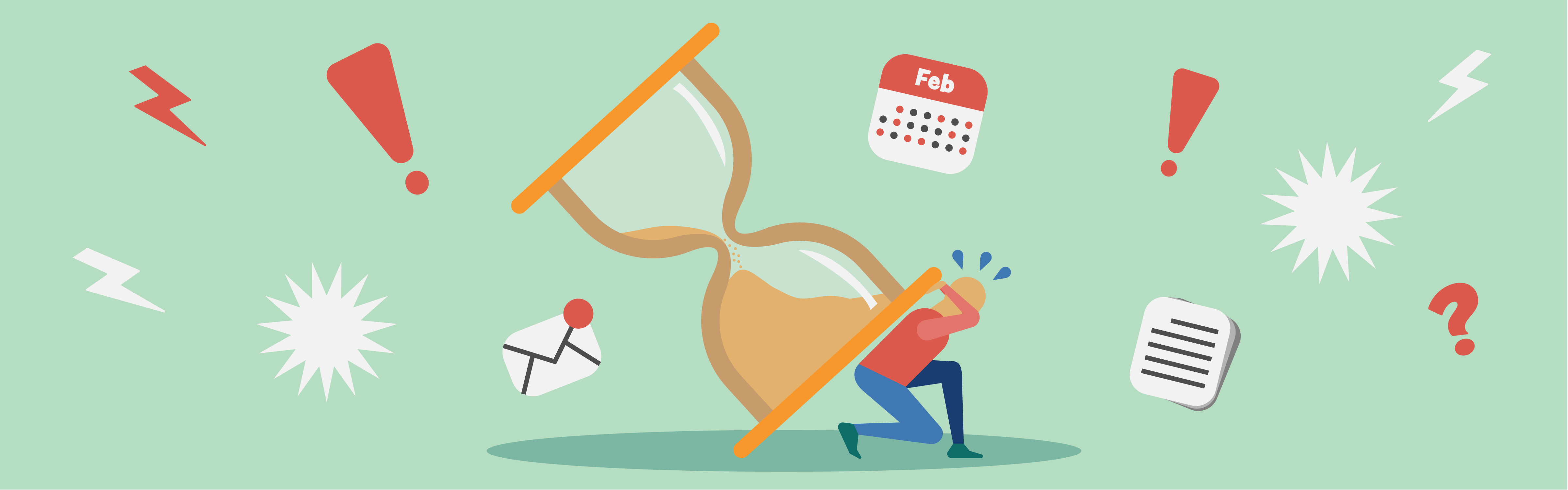 ProcrastinationHero Graphic of person holding up hourglass surrounded by notifications and deadlines